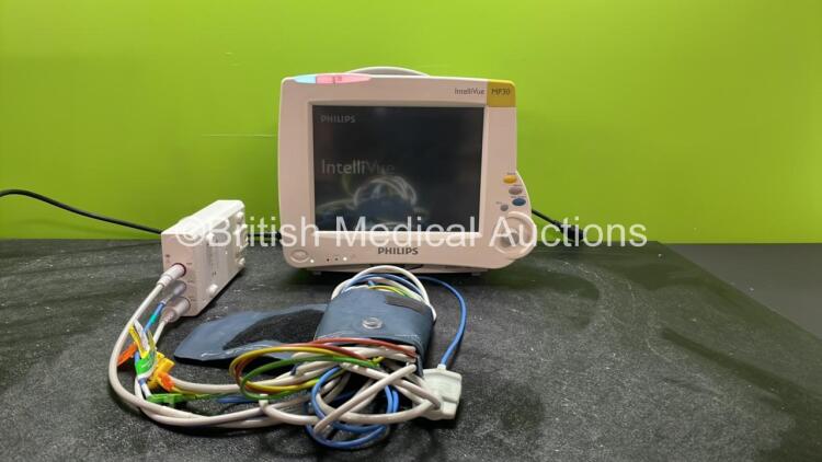 Philips Intellivue MP30 Patient Monitor with 1 x Philips REF 862442 Module Including 1 x 3 Lead ECG Lead, 1 x SpO2 Finger Sensor and 1 x NIBP Hose with BP Cuff (Powers Up) *SN DE6520GADB, DE72880754*