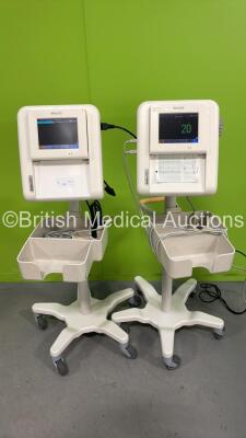 2 x Philips Avalon FM30 Fetal Monitors on Stand with 4 x Transducers (Both Power Up) *S/N DE53106308 / DE53106293*