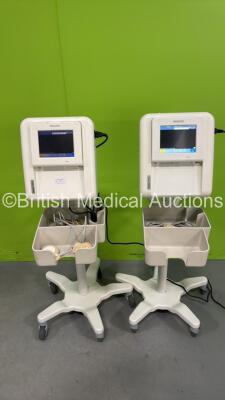 2 x Philips Avalon FM30 Fetal Monitors on Stand with 4 x Transducers (Both Power Up) *S/N DE53106313 / DE53106307*