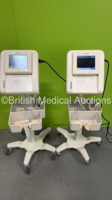 2 x Philips Avalon FM20 Fetal Monitors on Stands with 4 x Transducers (Both Power Up) *S/N DE53027812 / DE53027848*