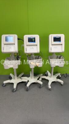 3 x Philips Avalon FM20 Fetal Monitors on Stand with 2 x Transducers (All Power Up) *S/N DE503027811 / DE53027809 / DE503027824*