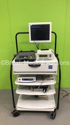 Zeiss Trolley with Monitor, Carl Zeiss Intrabeam PRS500 Radiation Therapy System, Zeiss Ion Chamber Set, PTW Unidose Unit and Storz 201340 20 Xenon Nova 300 Light Source (Powers Up)