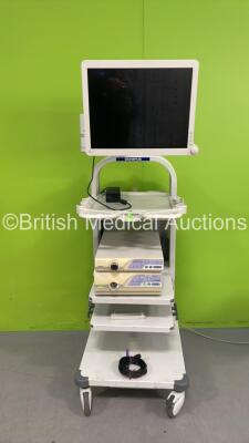 Olympus Stack Trolley with Advan Monitor, Olympus Evis Lucera CV-260SL Digital Processor (Spares and Repairs - No Power Port) and Olympus Evis Lucera CLV-260SL Light Source (Powers Up)