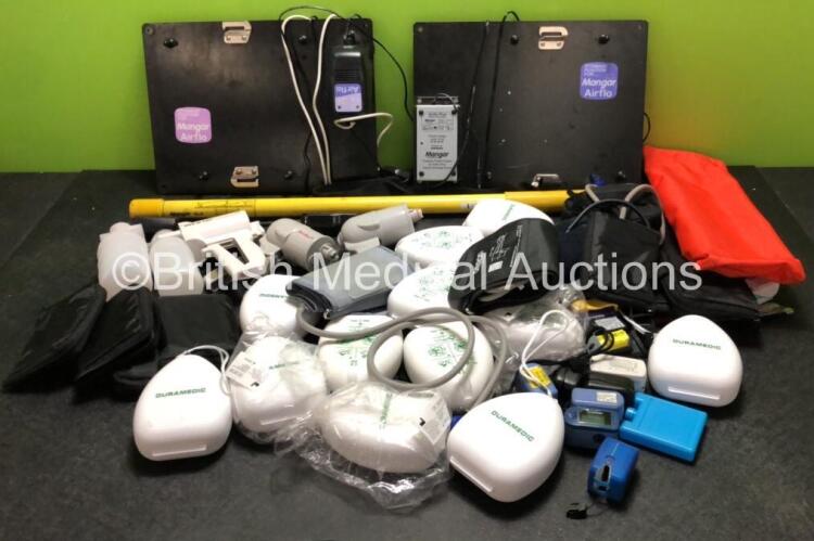 Job Lot Including 2 x Mangar Airflo Stowage Boards with 2 x Rechargers, 1 x Mangar Stretcher Bar, 4 x I-Gel Resus Packs *Expire 2023* 10 x Fingertip Pulse Oximeters, 13 x Pocket Respirators in Cases, 2 x BP Cuffs, 4 x Mangar Airflo 24 AC / DC Chargers, 3