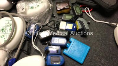 Job Lot Including 2 x Mangar Airflo Stowage Boards with 2 x Rechargers, 1 x Mangar Stretcher Bar, 4 x I-Gel Resus Packs *Expire 2023* 10 x Fingertip Pulse Oximeters, 13 x Pocket Respirators in Cases, 2 x BP Cuffs, 4 x Mangar Airflo 24 AC / DC Chargers, 3 - 7