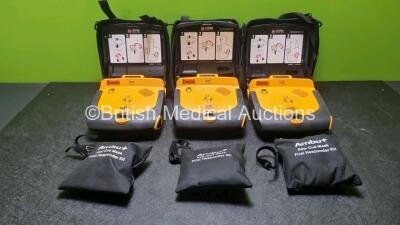 3 x Medtronic Lifepak CR Plus Defibrillators with 3 x Ambu+ First Responder Kits and 3 x Electrode Pack *Out of Date* in Carry Cases (All Power Up) *SN 45129029 / 45080645 / 45080649*