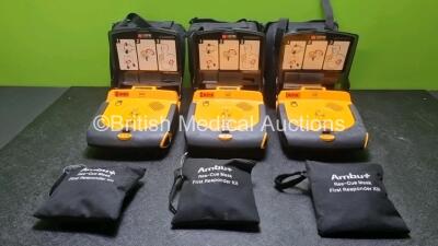 3 x Medtronic Lifepak CR Plus Defibrillators with 3 x Ambu+ First Responder Kits and 3 x Electrode Pack *Out of Date* in Carry Cases (All Power Up) *SN 45129023 / 44351423 / 43700376*