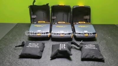 3 x Medtronic Lifepak CR Plus Defibrillators with 3 x Ambu+ First Responder Kits and 3 x Electrode Pack *Out of Date* in Carry Cases (All Power Up) *SN 45080676 / 44312629 / 44175956*