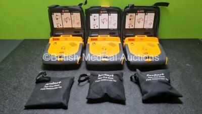 3 x Medtronic Lifepak CR Plus Defibrillators with 3 x Ambu+ First Responder Kits and 3 x Electrode Pack *Out of Date* in Carry Cases (All Power Up) *SN 45080612 / 45053174 / 44312624*