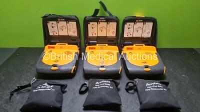 3 x Medtronic Lifepak CR Plus Defibrillators with 3 x Ambu+ First Responder Kits and 3 x Electrode Pack *Out of Date* in Carry Cases (All Power Up) *SN 44851217 / 45129031 / 44791690*