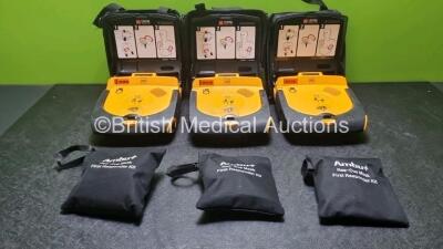 3 x Medtronic Lifepak CR Plus Defibrillators with 3 x Ambu+ First Responder Kits and 3 x Electrode Pack *Out of Date* in Carry Cases (All Power Up) *SN 450800621 / 447127770 / 44728981*