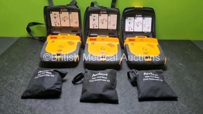 3 x Medtronic Lifepak CR Plus Defibrillators with 3 x Ambu+ First Responder Kits and 3 x Electrode Pack *Out of Date* in Carry Cases (All Power Up) *SN 44712771 / 45141819 / 45080726*