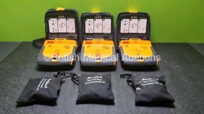 3 x Medtronic Lifepak CR Plus Defibrillators with 3 x Ambu+ First Responder Kits and 3 x Electrode Pack *Out of Date* in Carry Cases (All Power Up) *SN 4834140 / 44351388 / 44351405*