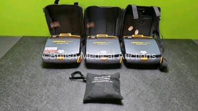 3 x Medtronic Lifepak CR Plus Defibrillators with 1 x Ambu+ First Responder Kit and 3 x Electrode Pack *Out of Date* in Carry Cases (All Power Up) *SN 428223225 / 424422866 / 42709429*