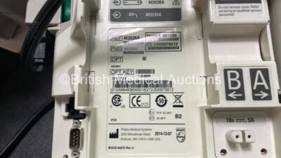 2 x Philips Heartstart MRx Defibrillators Including Pacer ,ECG and Printer Options with 2 x Paddle Leads, 2 x Philips M3725A Test Loads, 2 x 3 Lead ECG Leads, 2 x Philips M3538A Batteries, and 2 x Philips M3539A Modules (Both Power Up) *SN US00579312, US0 - 6