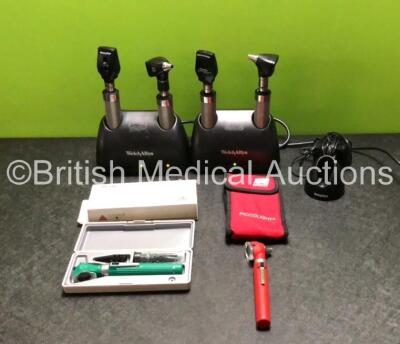 Job Lot Including 2 x Welch Allyn Ref 7114x Charging Stations (Both Power Up) 4 x Welch Allyn Ophthalmoscope / Otoscope Handles, 4 x Attachments, 1 x Welch Allyn Ref 71940 Charging Stand with Power Supply, 1 x Heine mini 2000 Otoscope with Accessories in 