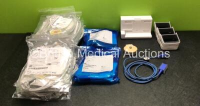 Job Lot Including 16 x Philips IntelliVue CBL 5 Lead ECG Trunks, 3 x Philips SpO2 Adapter Cables, 1 x Philips Toco+ MP Fetal Monitor Transducer (Damage to Casing - See Photos) and 6 x Philips IntelliVue X3 Handles