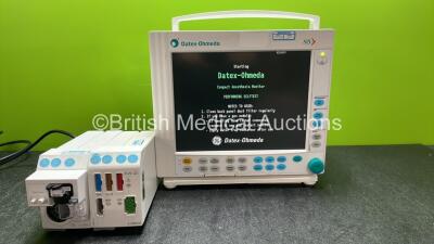 Datex Ohmeda S/5 Compact Anesthesia Monitor with 1 x GE E-CAiOV Gas Module Including Spirometry Options with D-fend Water Trap, 1 x GE E-PRESTN Module Including ECG, NIBP, SpO2, T1, T2, P1 and P2 Options (Powers Up) *SN 6571287, 6144560*