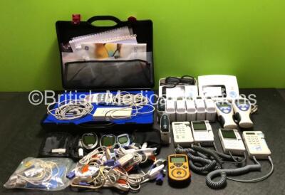 Job Lot Including 1 x GE CAM-14 Ref.900995-002 ECG Module with CAM-USB Unit in Case, 3 x Blood Glucose Meters, Various SpO2 Finger Sensor Cables, 4 x Huntleigh Dopplers (3 x Damage to Casing - See Photos) 2 x Welch Allyn SureTemp Plus Thermometers, 5 x Br