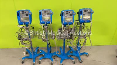 4 x GE DInamap Pro 400V2 Vital Signs Monitors on Stands with Various Leads (All Power Up)