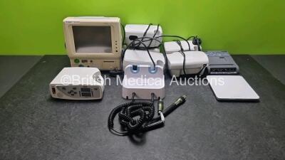 Mixed Lot Including 1 x Fukuda Denshi DS-7100 Patient Monitor with ECG, SpO2, NIBP, Temp and BP Options, 1 x Welch Allyn Ref 408282 Wall Diagnostic GS 777 Elite Wall Mounted Otoscope / Ophthalmoscope, 5 x Henleys Medical Compressors, 1 x Salter Weighing S