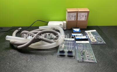 Mixed Lot Including 2 x Covidien Genius 2 Thermometers with Base Units *Unused in Box* 2 x Breathing Tubes, 1 x Henley Medical Nebulizer, 1 x Philips SPIRO Module, Olympus Nuts and Bolts, 2 x Synapsys Battery Packs and 1 x Synapsys Video Transmitter *SN D