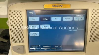 GE Vivid E9 Flat Screen Ultrasound Scanner *S/N VE96026* **Mfd 09/2013** Application Software Version 113 Revision 1.8 System Software Version 104.3.6 with Sony UP-D897 Digital Graphic Printer (Powers Up - Missing Dials - See Pictures) ***IR820*** - 3