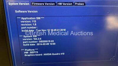 GE Vivid E9 Flat Screen Ultrasound Scanner *S/N VE96026* **Mfd 09/2013** Application Software Version 113 Revision 1.8 System Software Version 104.3.6 with Sony UP-D897 Digital Graphic Printer (Powers Up - Missing Dials - See Pictures) ***IR820*** - 4