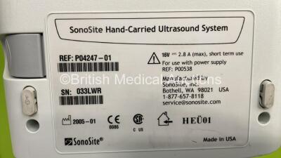 SonoSite 180 Plus Hand-Carried Ultrasound System Ref P04247-01 *S/N 033LWR* **Mfd 01/2005* with 1 x Transducer / Probe (L38/10-5 MHz Ref P04101-51 *Mfd 02/2005*) on SonoSite Cart (Not Power Tested Due to No Power Supply) - 6