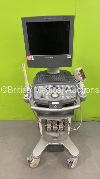 Siemens Acuson X300 Flat Screen Ultrasound Scanner Model No 10348531 *S/N 315091* **Mfd 03/2009** with 4 x Transducers / Probes (VF10-5 / CH5-2 / P5-1 / EV9-4) (Powers Up -HDD REMOVED) ***IR805***