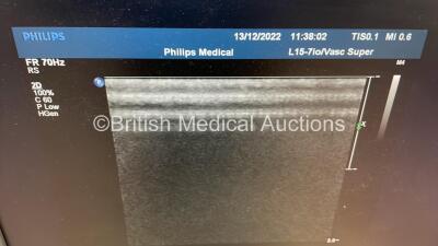 Philips iU22 Flat Screen Ultrasound Scanner on F.3 Cart *S/N 039VQ8* **Mfd 12/2009** Software Version 5.1.0.206 with 6 x Transducers / Probes (L17-5 / L9-3 / C5-1 / C8-5 / L15-7io and C8-4v) and Sony UP-D897 Digital Graphic Printer (Powers Up) ***IR798*** - 10