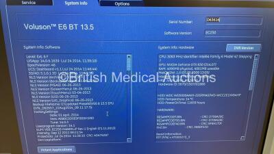 GE Voluson E6 BT13.5 Flat Screen Ultrasound Scanner *S/N D63616* **Mfd 03/2015** Software Version EC250 (14.0.6.1639) with 4 x Transducers / Probes (C4-8-D Ref 5336340 *Mfd 02/2015* / RAB6-D Ref H48681MG *Mfd 03/2015* / IC5-9-D Ref 5194434 *Mfd 01/2015* a - 13