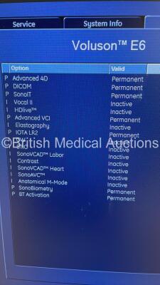 GE Voluson E6 BT13.5 Flat Screen Ultrasound Scanner *S/N D63616* **Mfd 03/2015** Software Version EC250 (14.0.6.1639) with 4 x Transducers / Probes (C4-8-D Ref 5336340 *Mfd 02/2015* / RAB6-D Ref H48681MG *Mfd 03/2015* / IC5-9-D Ref 5194434 *Mfd 01/2015* a - 14