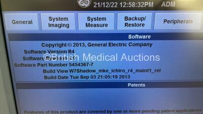 GE Logiq E9 Flat Screen Ultrasound Scanner Ref 5205000-7 *S/N 127999US1* **Mfd 05/2014** Software Version R4 Software Revision 3.0 with 4 x Transducers / Probes (L8-18i-D Ref 5336965 *Mfd 02/2020* / C1-5 Ref 5261135 *Mfd 08/2020* / 9L-D Ref 5194432 *Mfd 0 - 13