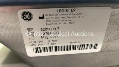 GE Logiq E9 Flat Screen Ultrasound Scanner Ref 5205000-7 *S/N 127999US1* **Mfd 05/2014** Software Version R4 Software Revision 3.0 with 4 x Transducers / Probes (L8-18i-D Ref 5336965 *Mfd 02/2020* / C1-5 Ref 5261135 *Mfd 08/2020* / 9L-D Ref 5194432 *Mfd 0 - 16