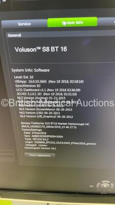 GE Voluson S8 BT16 Flat Screen Ultrasound Scanner *S/N VS8000536* **Mfd 09/2016** Software Version SPC310 (16.00001554) with 2 x Transducers / Probes (IC9-RS Ref H48691PJ *Mfd 11/2017* and RAB6-RS Ref H48691LP *Mfd 11/2018*) and Sony UP-D898 Digital Graph - 7