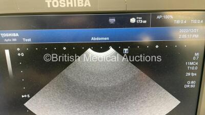 Toshiba Aplio 300 TUS-A300 Flat Screen Ultrasound Scanner *S/N E1A1373682* **Mfd 07/2013** Software Version AB_V3.00*R512 with 3 x Transducer / Probe (PST-50BT *Mfd 01/2019* / PST-65AT *Mfd 01/2010* and PVT-712BT *Mfd 03/2019*) and 3 Lead ECG Leads (Power - 12