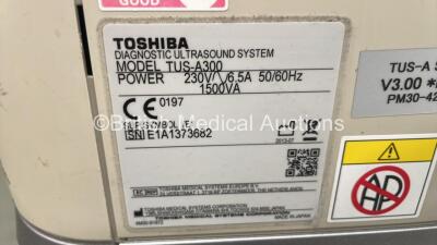 Toshiba Aplio 300 TUS-A300 Flat Screen Ultrasound Scanner *S/N E1A1373682* **Mfd 07/2013** Software Version AB_V3.00*R512 with 3 x Transducer / Probe (PST-50BT *Mfd 01/2019* / PST-65AT *Mfd 01/2010* and PVT-712BT *Mfd 03/2019*) and 3 Lead ECG Leads (Power - 16