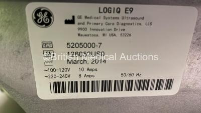 GE Logiq E9 Flat Screen Ultrasound Scanner Ref 5205000-7 *S/N 126052US0* **Mfd 03/32014* Software Version R4 Revision 3.0 with 1 x Transducer / Probe (9L-D Ref 5194432 *Mfd 08/2011*) and Sony UP-D897 Digital Graphic Printer (Powers Up - Keyboard will not - 10