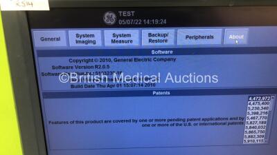 GE Logiq E9 Flat Screen Ultrasound Scanner Model 5205000-4 *S/N 99246US1* **Mfd 03/2010** Software Version R2.0.5 with Sony UP-D897 Digital Graphic Printer (Powers Up with Clicking Noise - 4 Transducers are Displayed when No Transducers are Connected - Di - 4