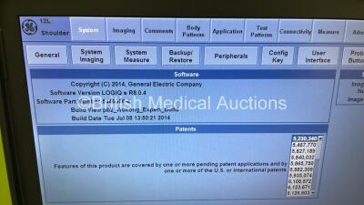 GE Logiq e Portable Ultrasound Scanner Ref 5446909 *S/N 373523WX0 * **Mfd 09/2014 ** Software Version R8.0.4 with 3 x Transducers / Probes (E8C-RS Ref 5318734 *Mfd 11/2013* / C1-5-RS Ref 5384874 *Mfd 08/2014* and 12L-RS Ref 5141337 *Mfd 12/2013*) on GE L - 4