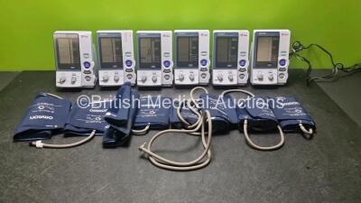 6 x Omron Intellisense HEM-907 Digital Blood Pressure Monitors with 8 x BP Cuffs and 6 x AC Power Supplies (All Power Up)