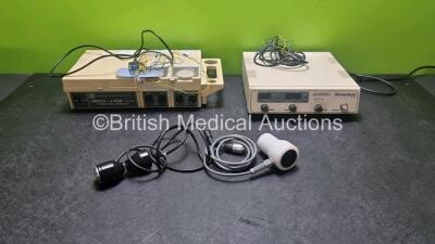 Job Lot Medilink System Control Module with 1 x Transducer, 1 x Handpiece and 1 x Shrewsbury Medical Dual Frequency Ultrasound Therapy Unit with 1 x Transducer (Both Power Up)