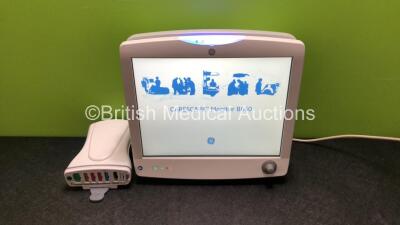 GE Carescape B650 Touch Screen Patient Monitor *Mfd - 2019* with 1 x GE Dinamap Ref- 2016793-002 Patient Data Module Including ECG, Temp/CO, P1/P3, P2/P4, SpO2 and NIBP Options *Mfd 2019* (Both Power Up - In Excellent Condition Like New in Box) **SN SQC18