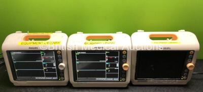 3 x Philips SureSigns VM4 Patient Monitors with ECG, SPO2 and NIBP Options (2 x Power Up, 1 x Draws Power with Damaged Casing - See Photos) *SN US12575048 / US12563796 / US12563801*