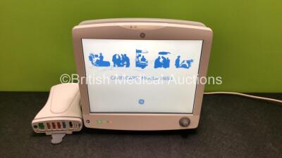 GE Carescape B650 Touch Screen Patient Monitor *Mfd - 2019* with 1 x GE Dinamap Ref- 2016793-002 Patient Data Module Including ECG, Temp/CO, P1/P3, P2/P4, SpO2 and NIBP Options *Mfd 2019* (Both Power Up - In Excellent Condition Like New in Box) **SN SPX19