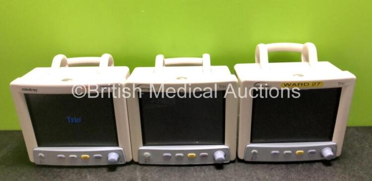 3 x Mindray Datascope Trio Patient Monitors Including ECG, SpO2, T1 and NIBP Options (All Power Up, 1 x Slight Damage to Casing, 1 x Missing Casing - See Photos) *RI*