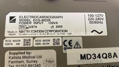 ECG Lead and 1 x Nihon Kohden ECG-9022K Cardiofax GEM Electrocardiograph Machine on Stand with 1 x 10 Lead ECG Lead (Powers Up) *02876* - 4