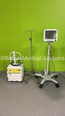 Mixed Lot Including 1 x Drip Stand, 1 x GE Dash 4000 Vital Signs Monitor on Stand with BP1/3, BP2/4, SPO2, Temp/CO, CO2, NBP and ECG Options (Powers Up) and 1 x Medical Suction Unit (No Power)