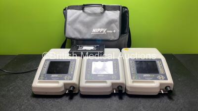 3 x B&D Electromedical Nippy Junior + Ventilators with 1 x External Battery in Carry Bag (All Power Up) *SN 2014-20929, 2014-21990, 2009-9648*